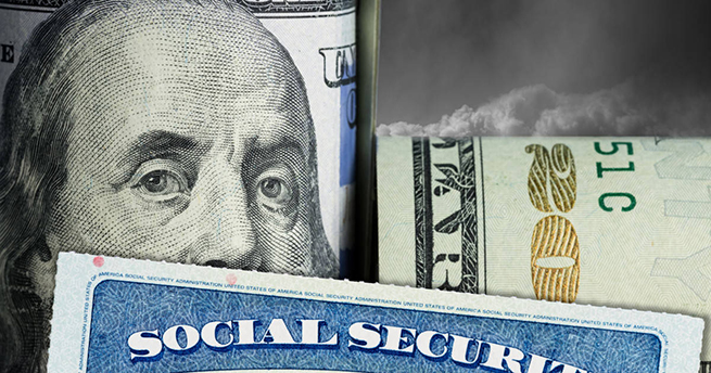 Social Security trust fund problem with roll of USA dollar bills with storm clouds behind 100 dollar note