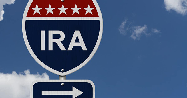 American IRA Highway Road Sign, Red, White and Blue American Highway Sign with words IRA with sky background